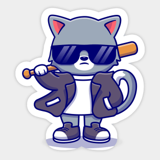 Cute Bad Cat Wearing Suit And Sunglasses With Baseball Bat Sticker